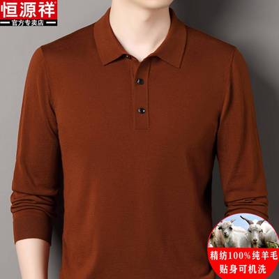 恒源祥可机洗精纺100%羊毛衫男士秋装薄款长袖T恤中年翻领针织衫