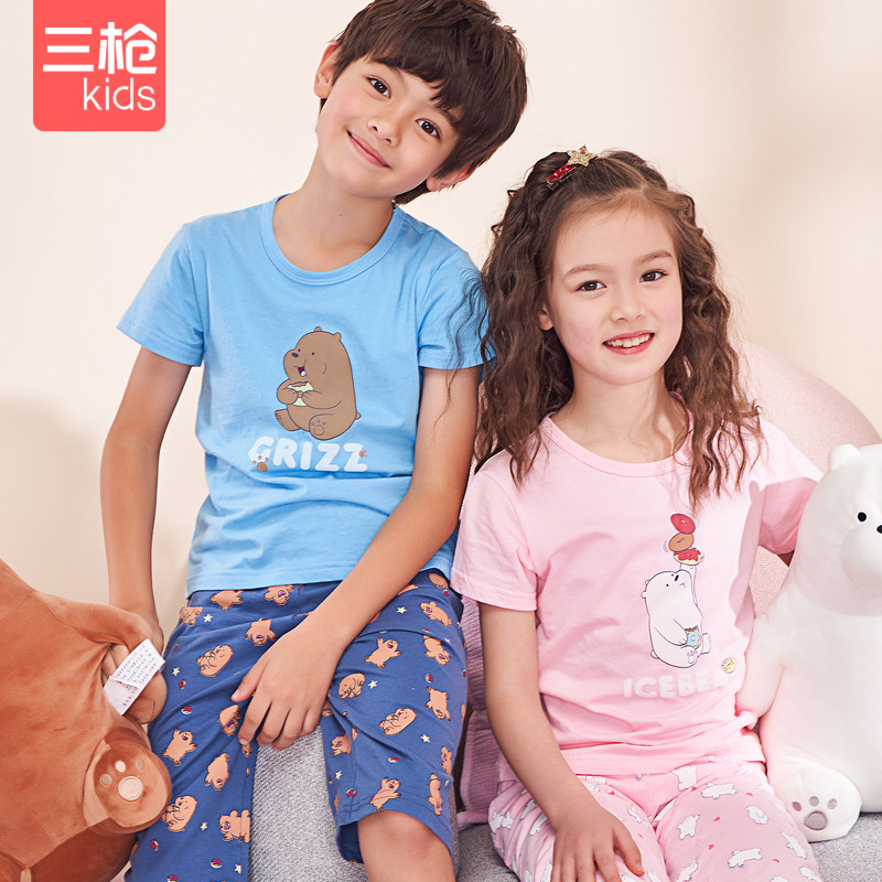 三枪咱们裸熊儿童家居服男女童舒肤薄棉三只裸熊少儿圆领家居套