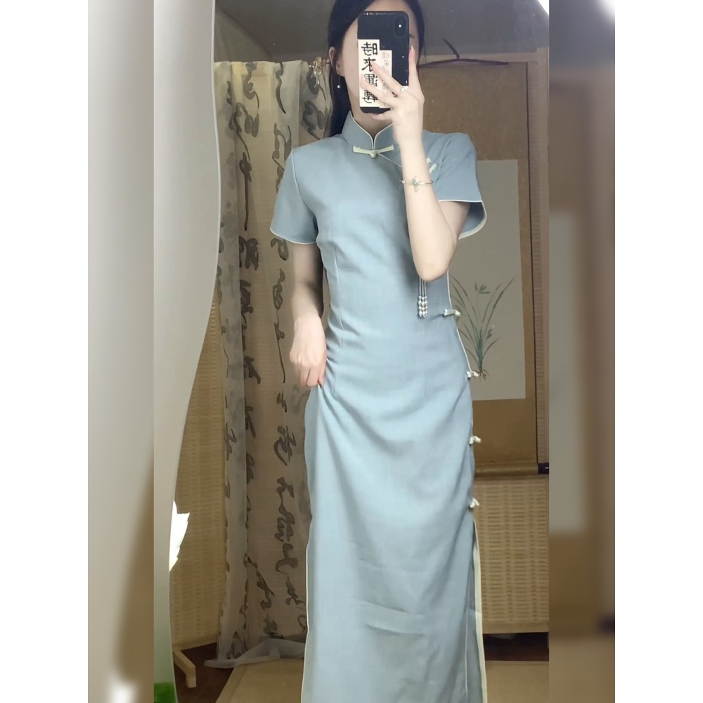 少女高级感夏季旗袍素雅蓝色2025年改良新中式小个子气质收腰日常