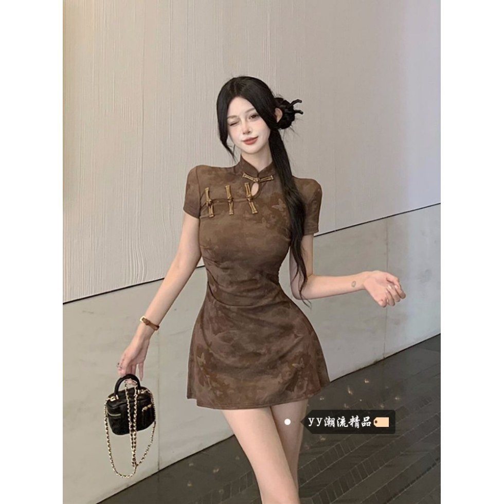 新中式国风改良旗袍短袖连衣裙女2025早春新款修身显瘦短款A字裙