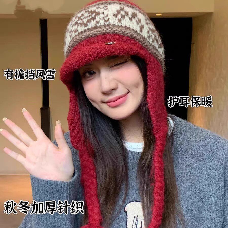 民族风川藏旅游针织帽子女冬季保暖防寒雷锋帽百搭加厚护耳毛线帽