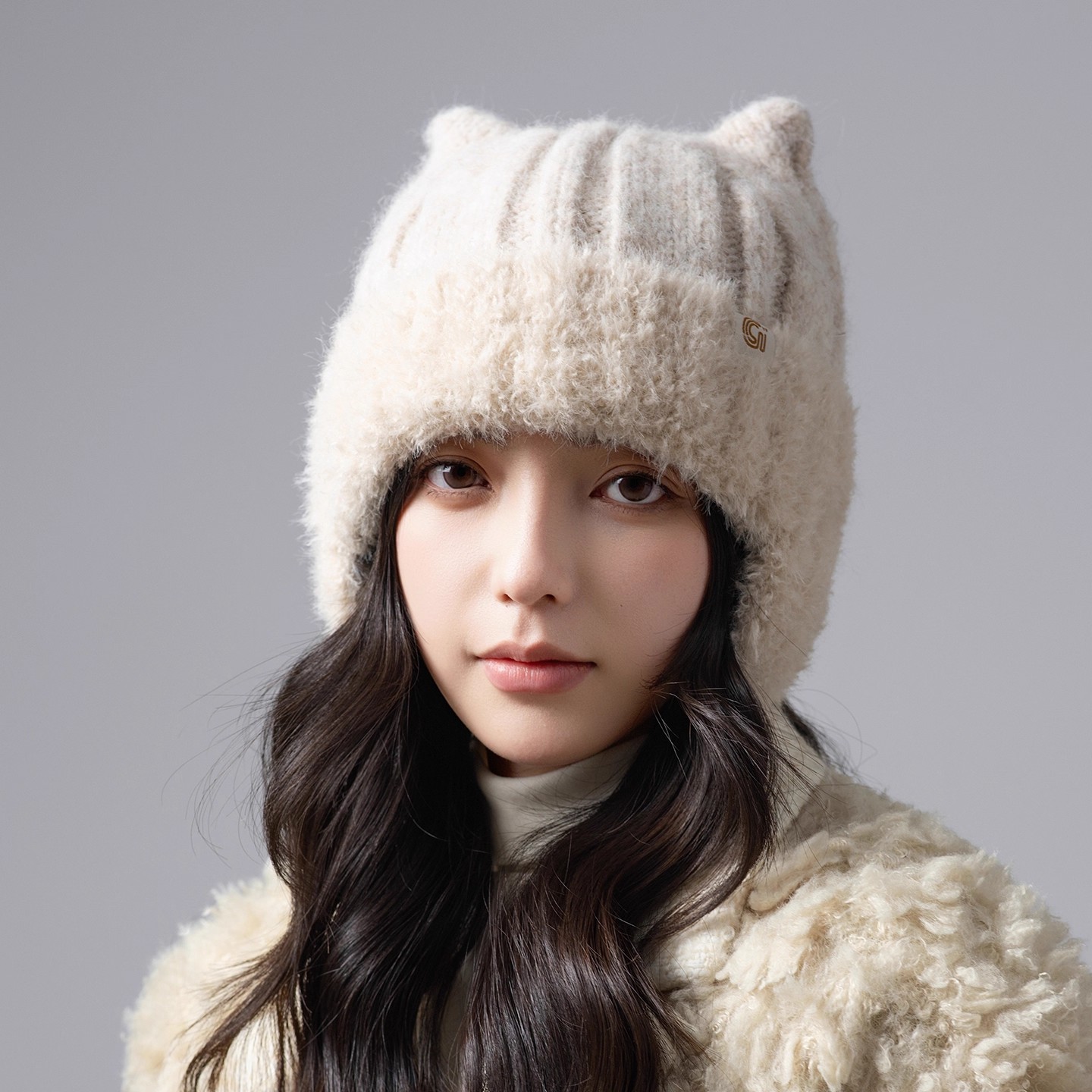 可爱猫耳朵毛绒针织帽子女冬季保暖护耳针织帽显脸小户外时尚冷帽