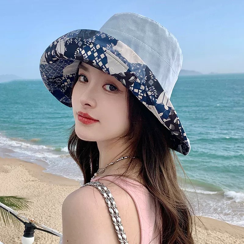 双面戴印花渔夫帽子女春夏大檐防晒遮阳帽可折叠旅游沙滩帽太阳帽