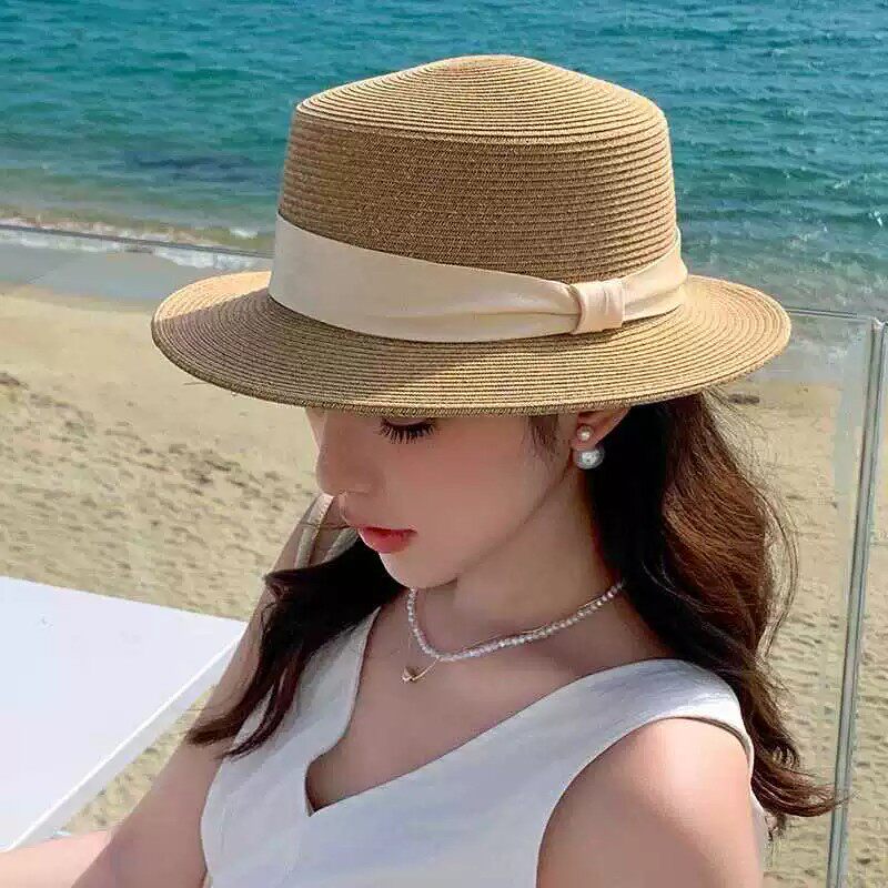 高品质法式平顶草帽女夏季优雅气质草编礼帽海边度假防晒遮阳帽子