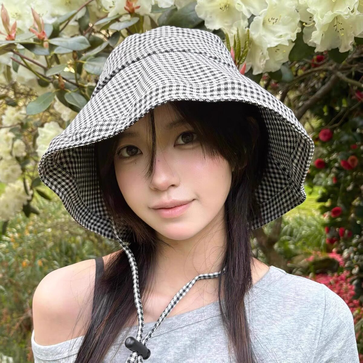 韩版千鸟格大檐防晒渔夫帽遮阳帽