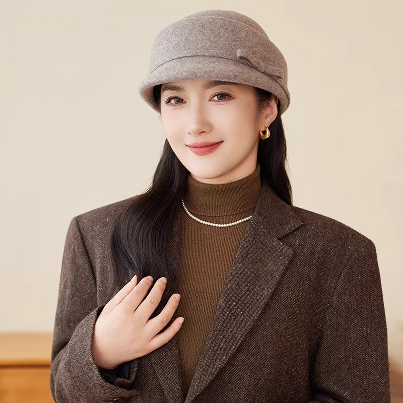 法式轻奢羊毛呢蝴蝶结鸭舌帽子女气质优雅百搭盆帽中老年马术帽潮