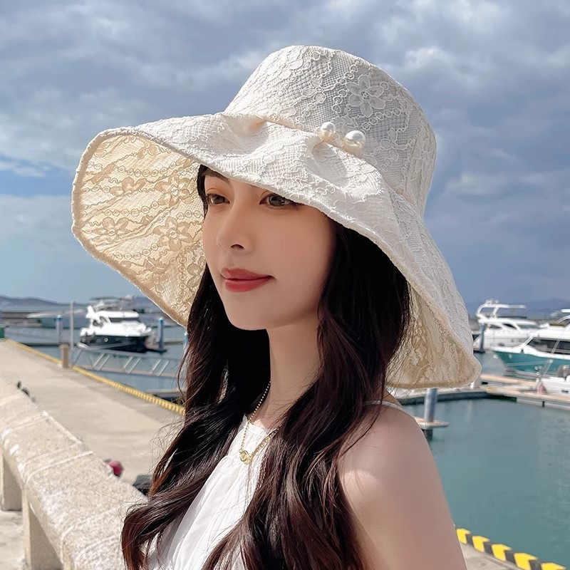 日系大檐蕾丝花朵渔夫帽防晒帽子