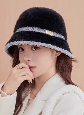 韩版金属标毛绒渔夫帽子女冬季新款保暖百搭时尚盆帽显脸小水桶帽