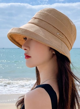帽子女春夏季棉麻透气可折叠渔夫帽时尚优雅翻边太阳帽遮阳盆帽
