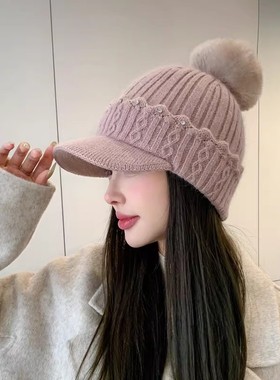 韩版毛球针织鸭舌帽子女冬季加厚保暖护耳毛线帽显脸小百搭棒球帽