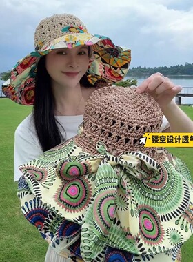 网红花布镂空草编帽子女夏大檐