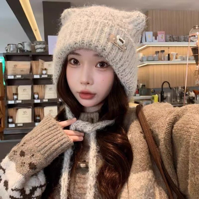 秋冬针织可爱猫耳朵帽子女加厚保暖护耳套头帽韩版显脸小毛线帽潮