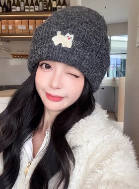 可爱小猫刺绣针织帽子女秋冬保暖护耳毛线帽显脸小百搭包头冷帽潮