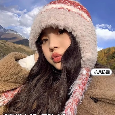 川西旅游毛绒拼接针织帽子女冬加厚保暖护耳套头帽时尚百搭毛线帽