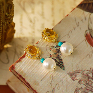 复古椭圆镂空雕花珍珠耳环绿松超仙气质港风耳钉爆款耳饰女高级感