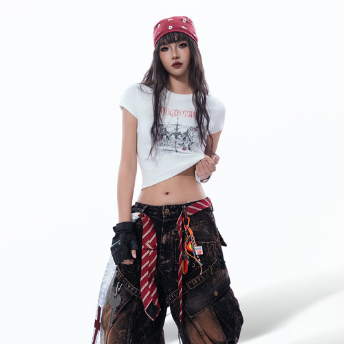MOGONGSHE*荆棘十字架美式印花短袖y2k辣妹修身显瘦短款正肩T恤女