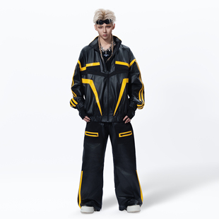 宽松重工设计感炸街机车风休闲长裤 MOGONGSHE 黑黄撞色PU皮阔腿裤