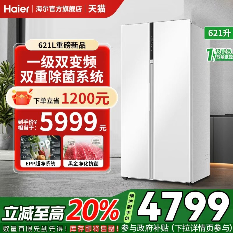 海尔621L大容量对开门一级家用风冷无霜冰箱BCD-621WLHSS95W9U1