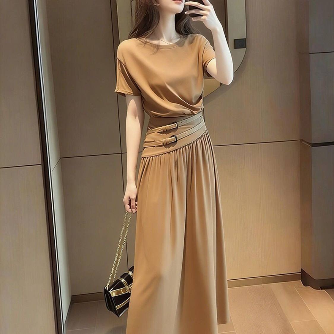 2026超火夏装一整套气质女神范高端出席重要场合绝美卡其色洋装