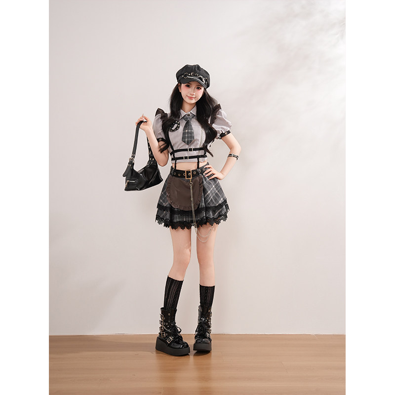 【格屿暗契】古早亚文化风氛围感套装设计感上衣格纹短裙两件套女