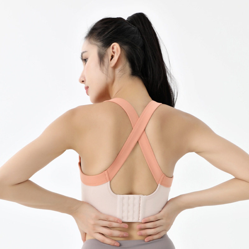 大码撞色一体式速干运动内衣女防震大胸聚拢健身文胸美背瑜伽背心