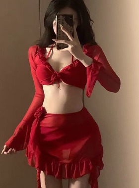 红色花朵蕾丝显瘦性感夏季聚拢红色小胸包臀少女比基尼镂空