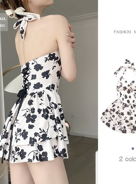 2024新款连体泳衣女黑色虞美人平角保守绑带挂脖高腰遮肚温泉