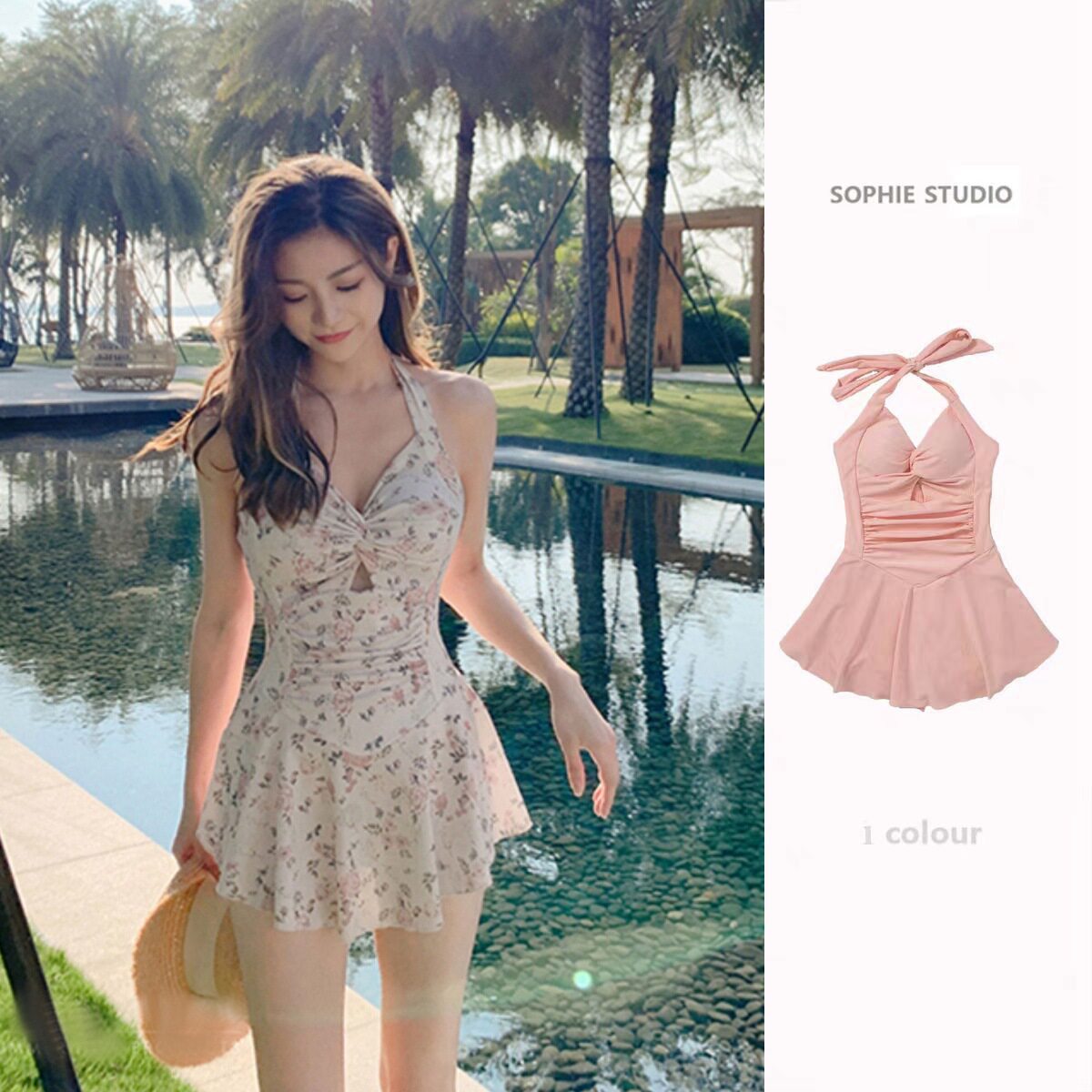 泳衣女2024新款泡温泉小个子级感粉色保守遮肚显瘦挂脖女士泳装