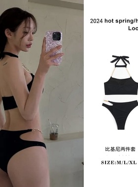 厂家批发黑色链条挂脖比基尼三点式性感不规则拍照度假泳衣bikini