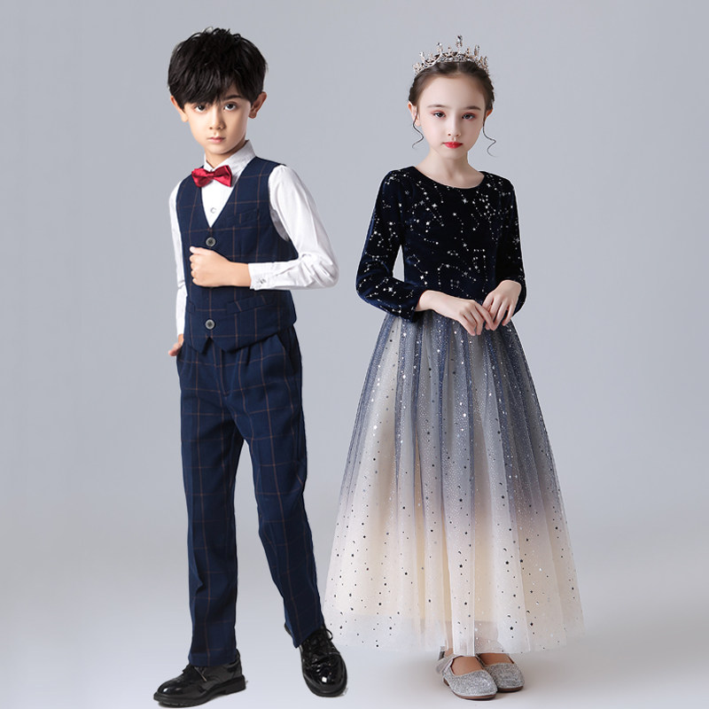 元旦儿童演出服女童主持人蓝色钢琴礼服裙小学生朗诵合唱表演服装