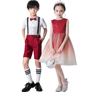 儿童演出服小学生大合唱女童红色礼服舞蹈蓬蓬裙朗诵元旦表演服装