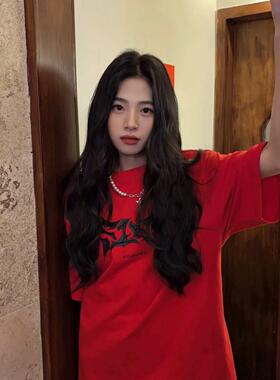 2025新款国潮美式复古印花红色短袖T恤女夏季宽松休闲显瘦ins半袖