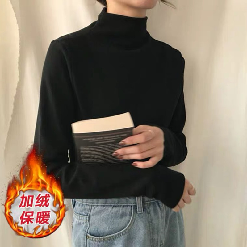 秋冬半高领打底衫女装2021年新款加绒加厚内搭长袖t恤白色上衣服