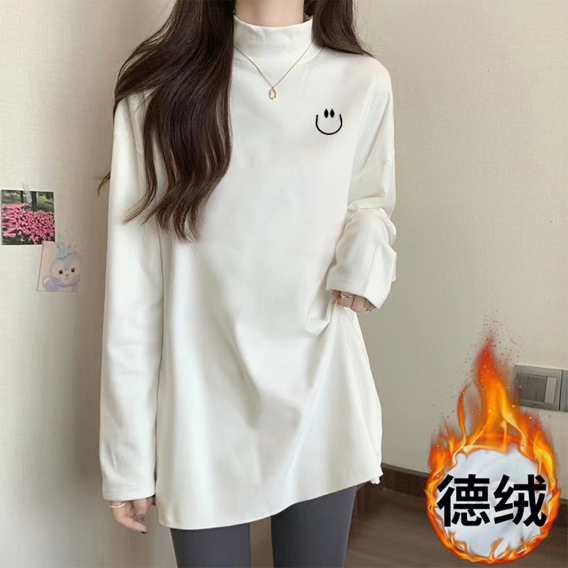 简约韩版ins风印花德绒半高领秋冬加绒保暖内搭中长款打底衫T恤