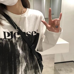 美式复古chic长袖T恤女早秋韩版字母印花圆领薄外套宽松学生上衣