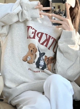 秋冬加绒加厚美式灰色圆领小众卫衣女宽松百搭oversize印花上衣潮