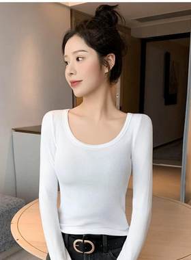 白色圆领加绒加厚打底衫女2025秋冬新款内搭长袖螺纹低领修身上衣