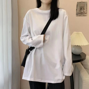 港风上衣白色外穿秋衣女士春秋内搭打底衫 纯棉长袖 t恤女宽松韩版