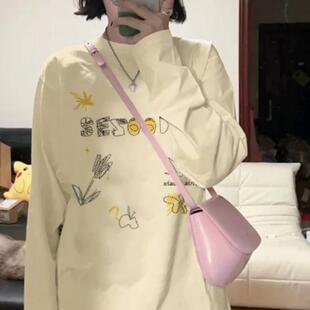 港风chic复古可爱卡通杏色长袖t恤女秋季宽松原宿风休闲百搭上衣