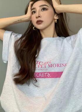 纯棉美式字母印花灰色短袖t恤女2025夏季新款宽松设计感半袖上衣
