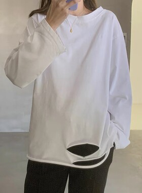 秋季2022新款长袖T恤女宽松白色韩版打底衫春秋内搭上衣秋装纯白t