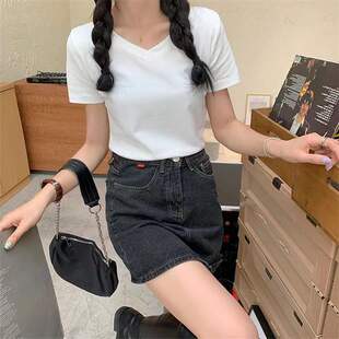 夏装v领白色t恤女短袖宽松韩版简约百搭bf常规纯色显瘦女装上衣女