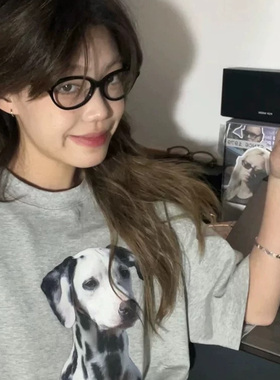 美式复古灰色短袖T恤女夏季oversize2025新款斑点狗印花宽松上衣