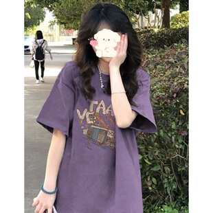 体恤上衣 紫色短袖 纯棉正肩t恤女夏季 2025新款 疏离感穿搭宽松半袖