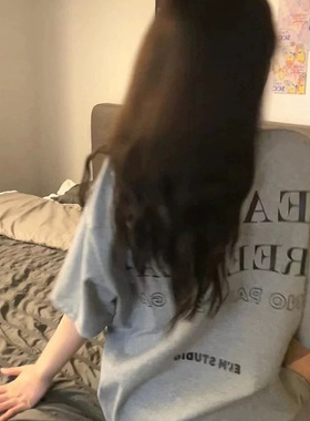 美式复古灰色ins字母印花纯棉短袖t恤女2025新款夏季宽松韩系上衣