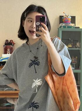 甜酷美式椰子树印花灰色短袖t恤夏季宽松型休闲百搭圆领上衣潮ins