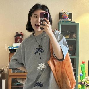 甜酷美式 宽松型休闲百搭圆领上衣潮ins 椰子树印花灰色短袖 t恤夏季