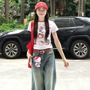 修身 白色正肩t恤女印花美式 2026新款 夏季 显瘦上衣 辣妹kitty猫短袖