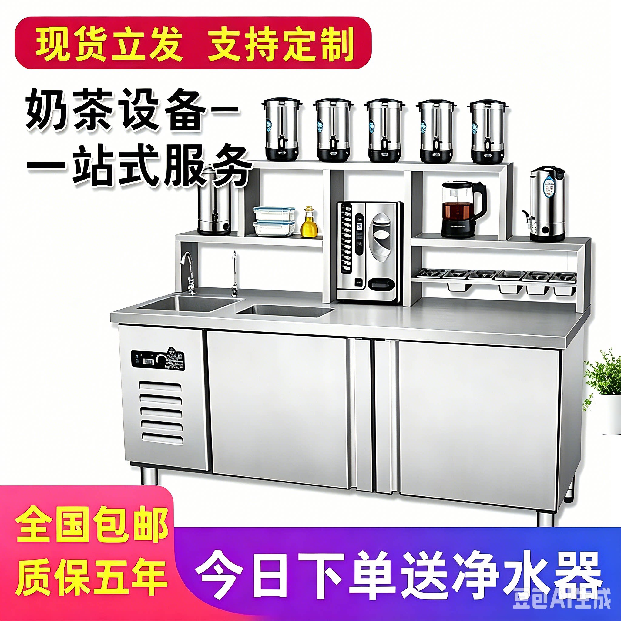 奶茶店水吧台商用饮品店设备冰箱图片