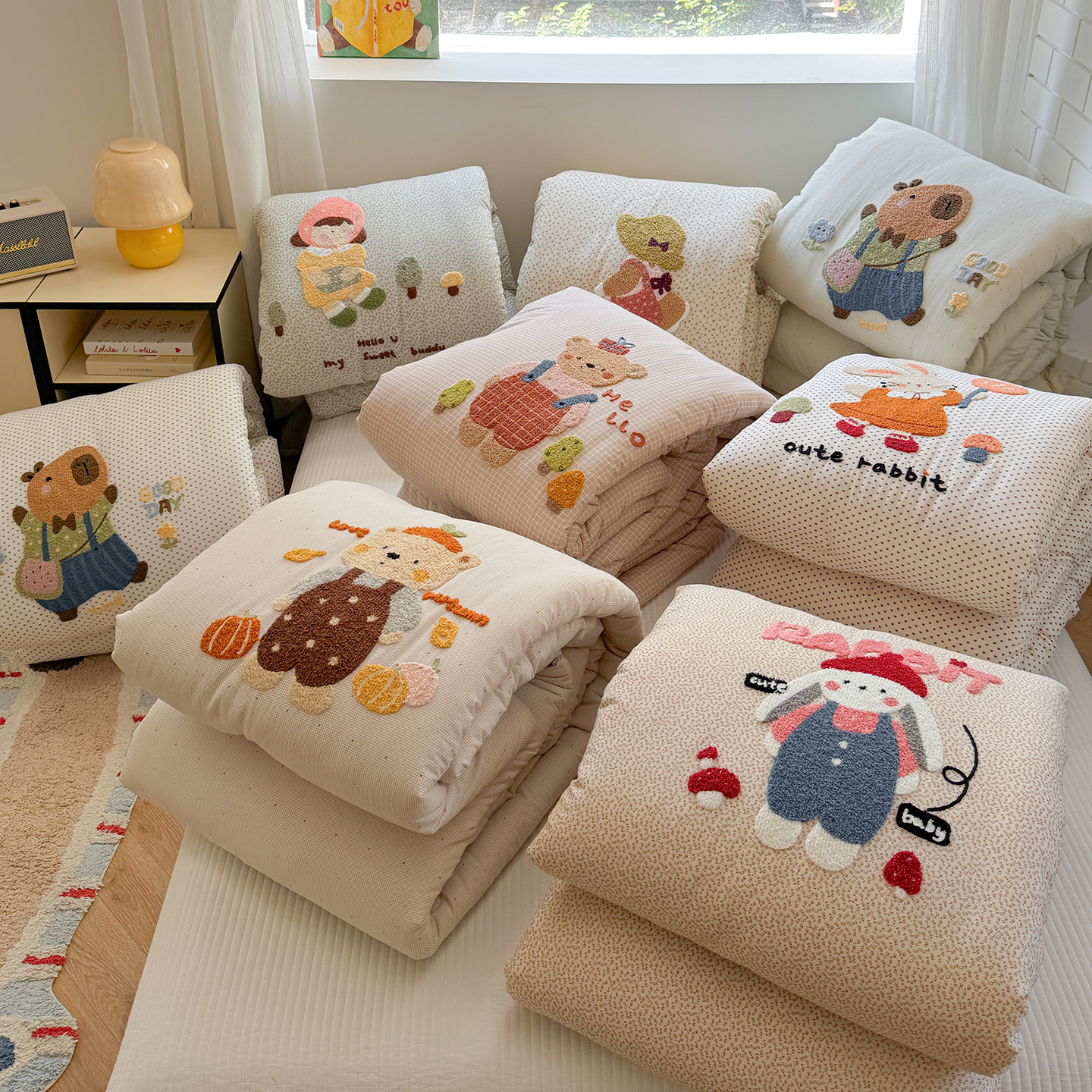 卡通可爱刺绣可机洗春秋被冬被全棉纱布毛巾绣豆豆被纯棉被子被芯